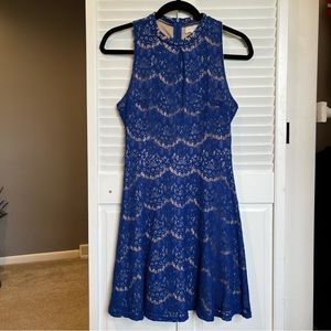 Blue & Tan Lace Summer Dress- High Neckline